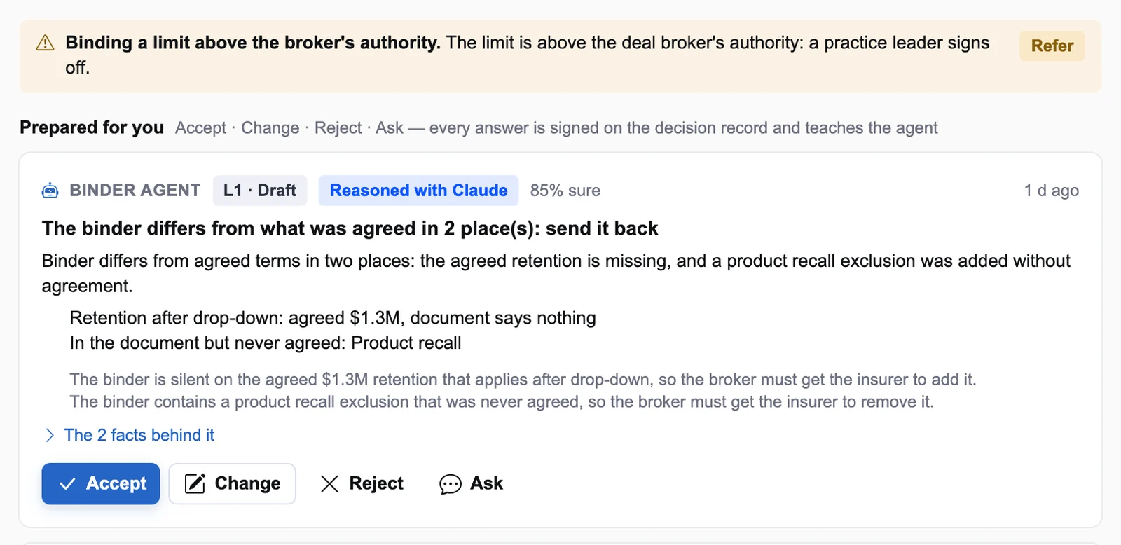The binder agent's check: the binder differs from what was agreed in two places