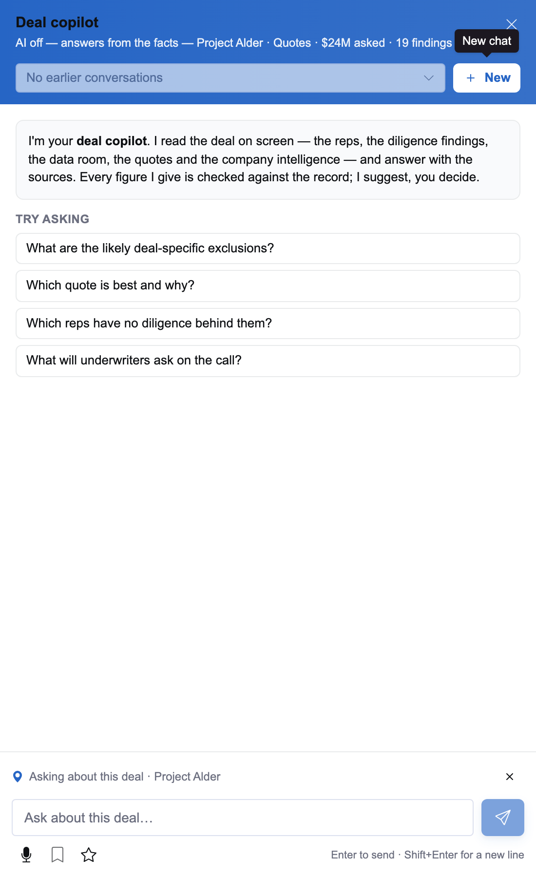 The deal copilot drawer on an illustrative deal with suggested questions