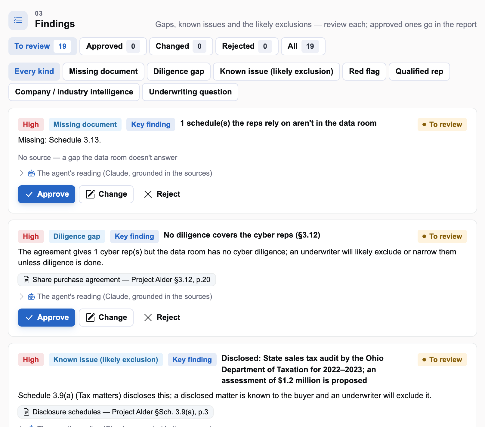 Findings to review on an illustrative deal with severity, kind, citations and Approve, Change, Reject