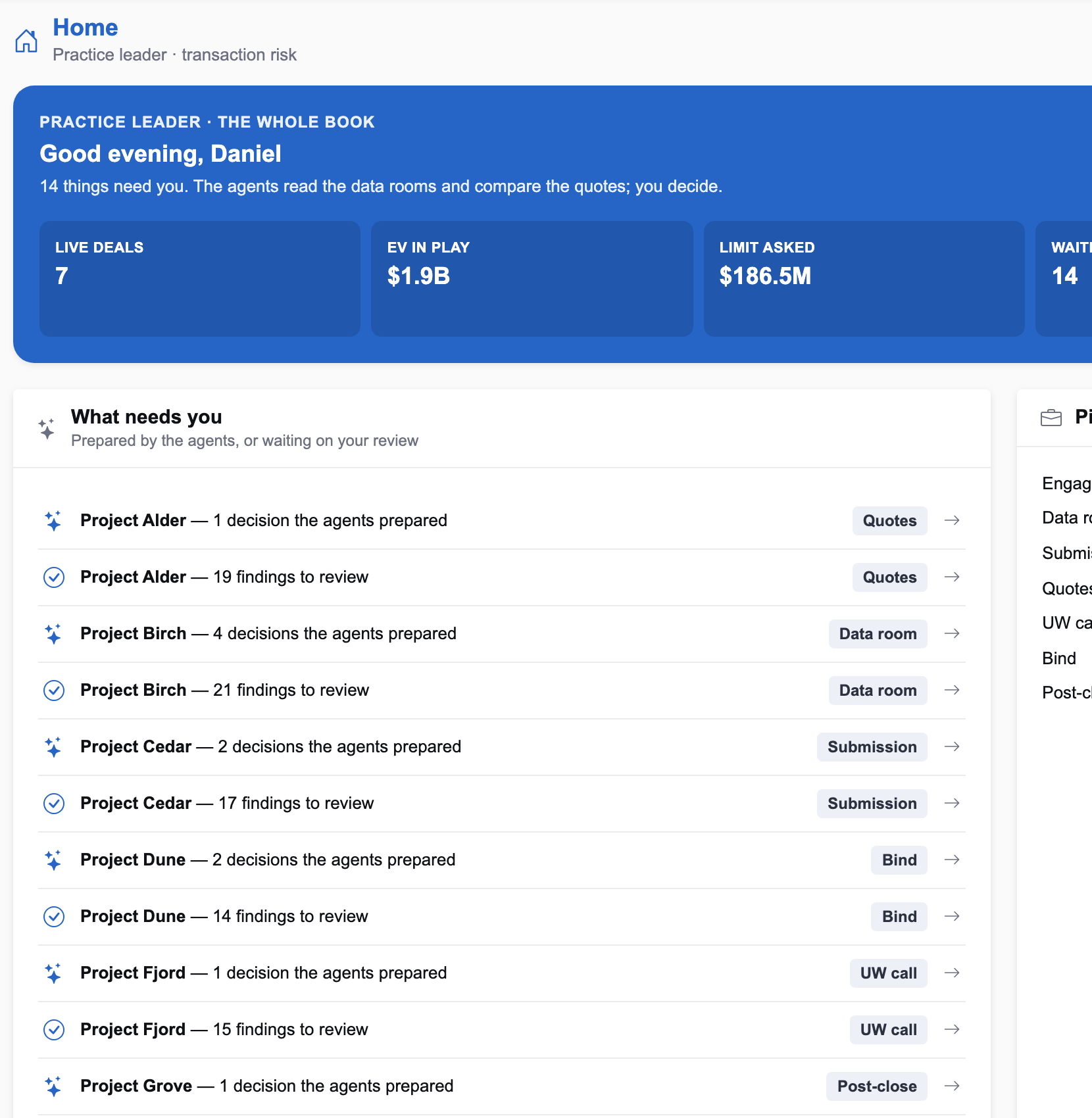 InsightDealDesk home for a practice leader on illustrative data: live deals, EV in play, limit asked, what needs them and the pipeline by stage
