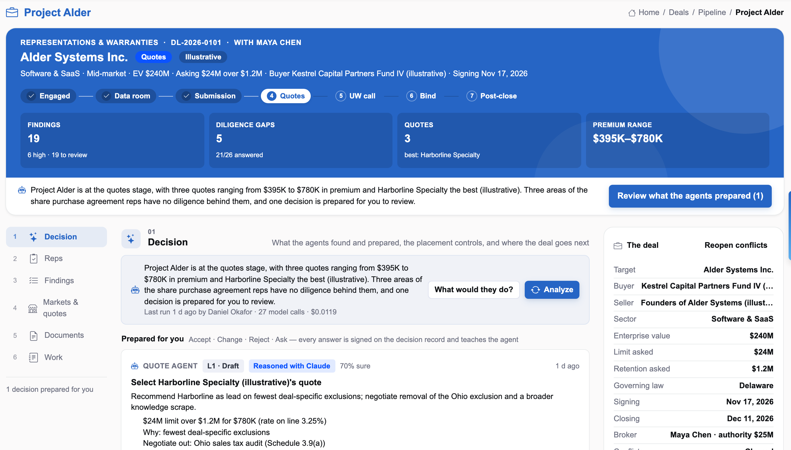 The Deal Workspace for an illustrative software buyout at the quotes stage