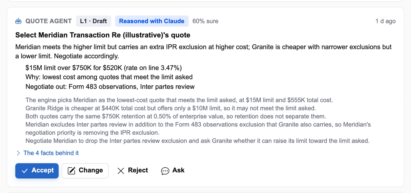 The quote agent's recommendation on a life-sciences deal, on illustrative data